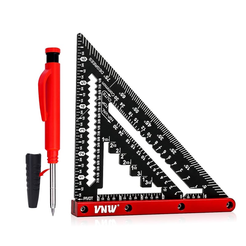 VNW 7inch Rafter Square with Carpenter Pencil, 1/8" Precision Heavy Duty Aluminum Woodworking Rule,Triangle Ruler Measuring Layout Tool (Black, Rafter Square) - Image 1